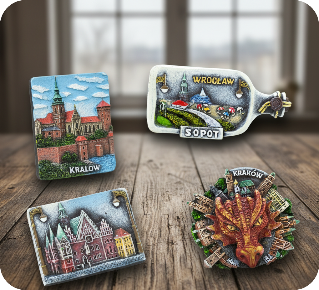 Polish cities 3D magnets - Kraków castle, Wrocław Sopot bottle, colorful buildings, and Kraków dragon