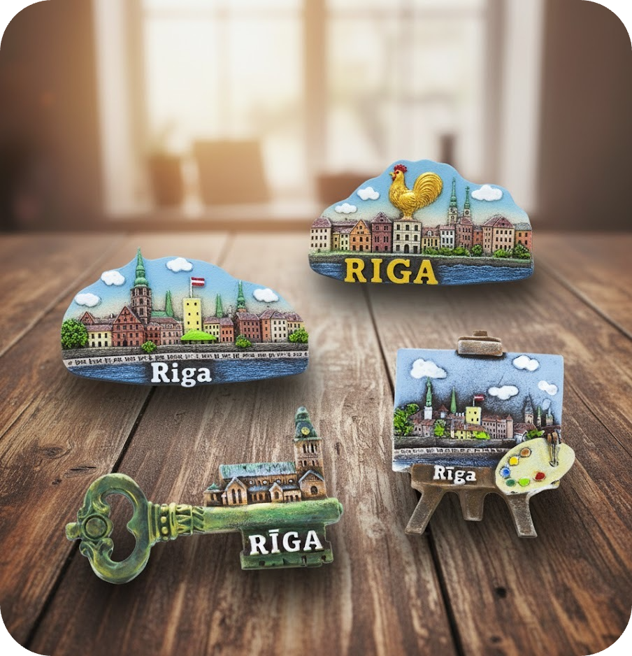 Riga 3D magnets collection - city skylines with rooster symbol, decorative key, and artist easel design
