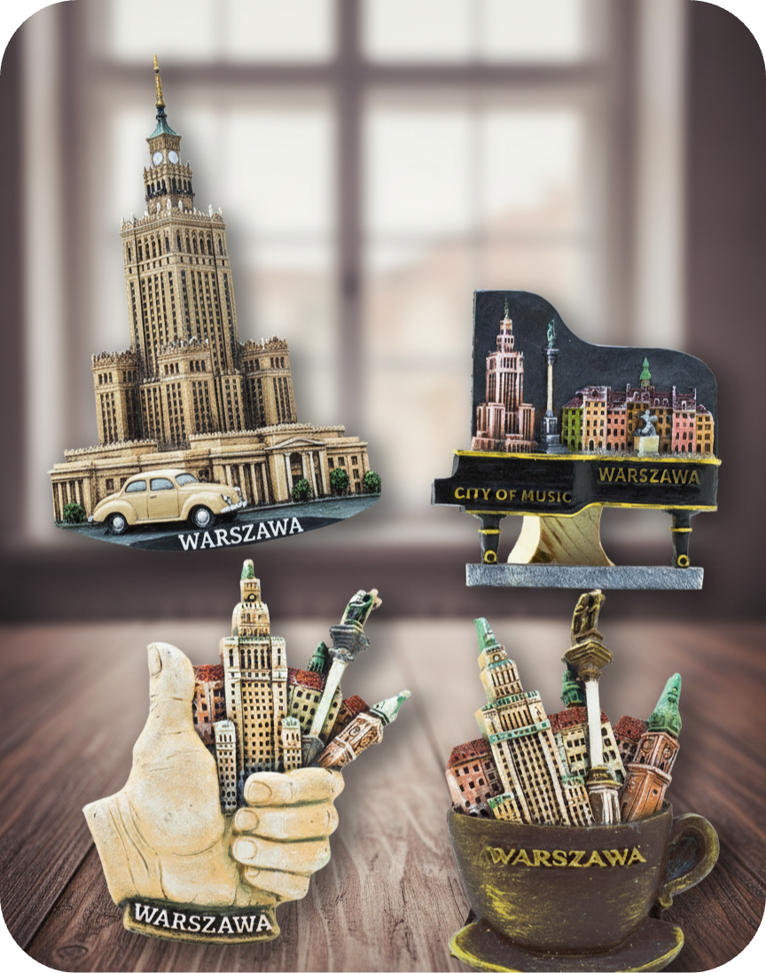 Warsaw 3D magnets - Palace of Culture, City of Music piano, thumbs up, and coffee cup with buildings