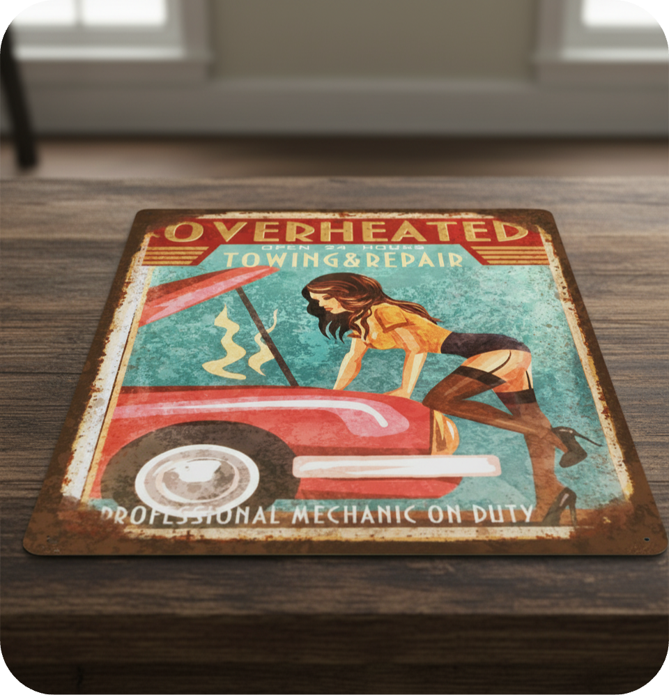 Overheated Towing & Repair retro metal plate with pin-up mechanic design