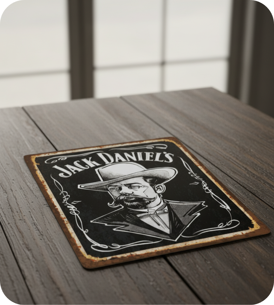 Vintage Jack Daniel's metal plate with classic gentleman portrait in ornate frame