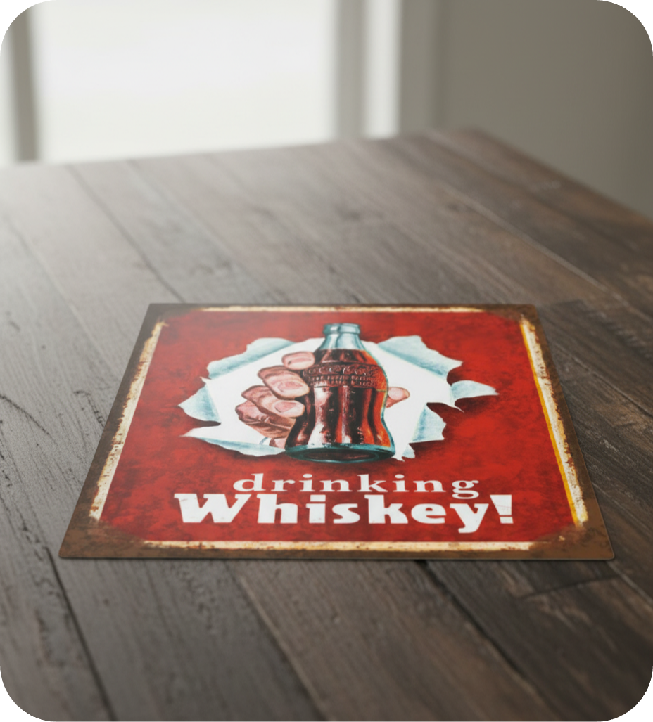 Drinking Whiskey vintage metal plate with hand holding bottle illustration